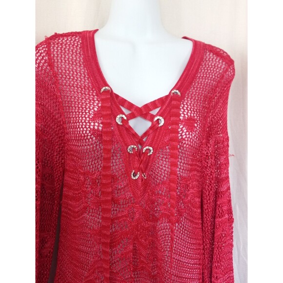 INC  Red  Asymmetric  Open  Knit  Sweater with Lace up Front Size Large - Picture 4 of 5